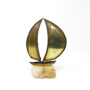 Vintage Mid Century Brutalist Sail Boat Onyx Base Metal Sculpture Signed DeMott